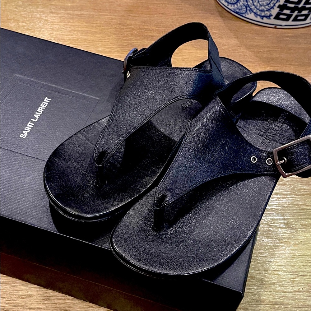 Saint Laurent Black Calfskin Incrociato Denver Mongram Sandals